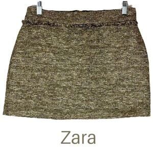 Zara White Black & Metallic Gold Tweed Disco Diva Mini Skirt Size M